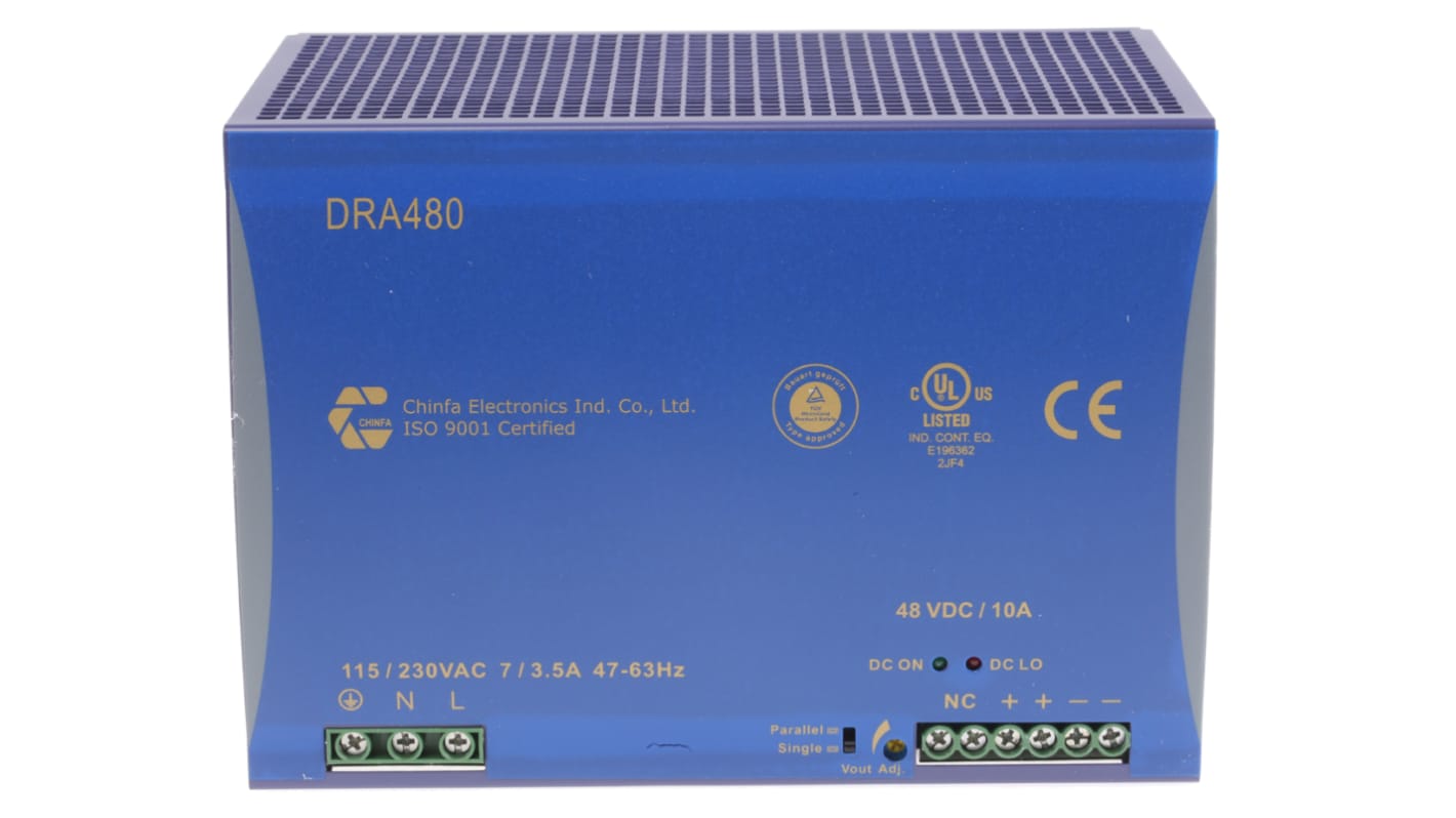 Chinfa DRA480 Switched Mode DIN Rail Power Supply, 90 → 264V ac ac Input, 48V dc dc Output, 10A Output, 480W