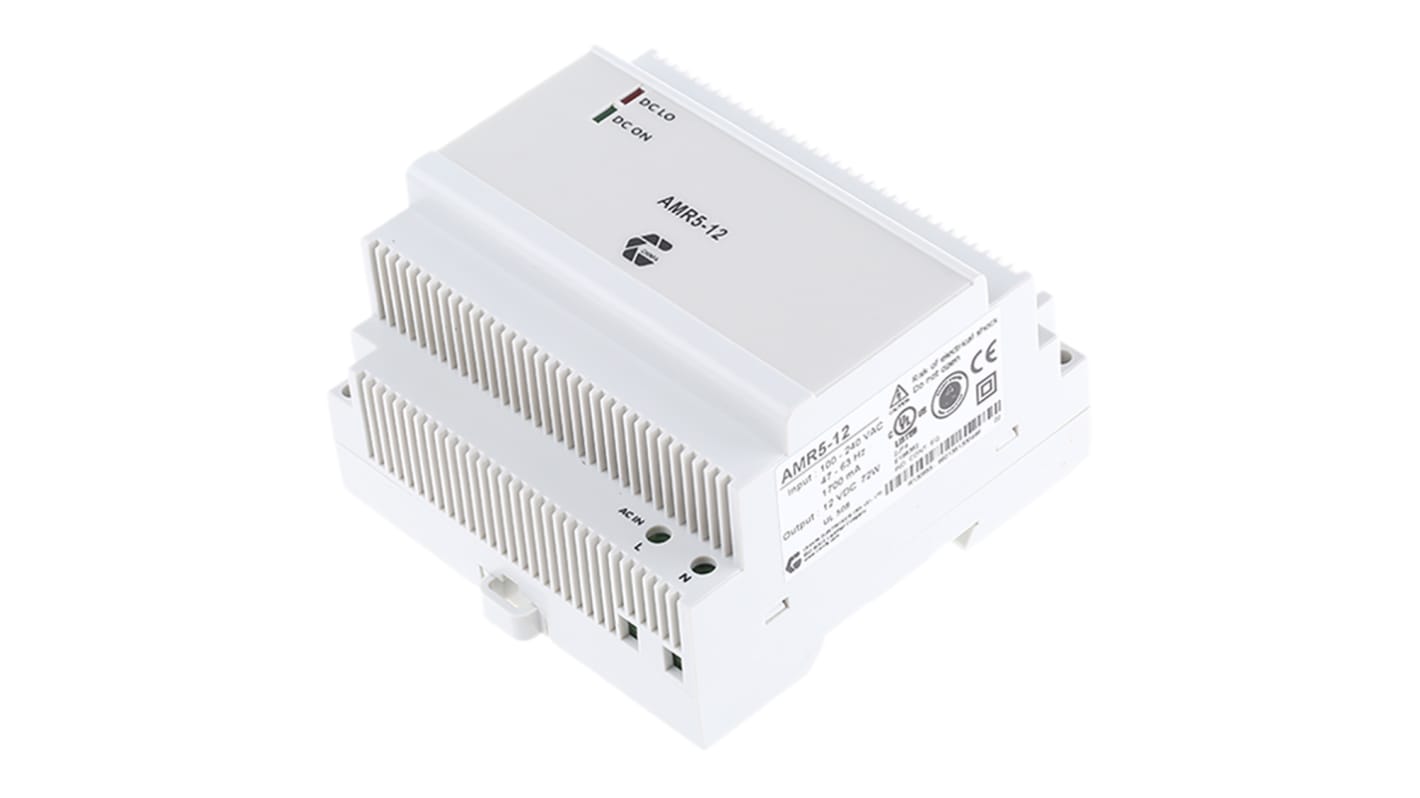 Chinfa AMR5 Switched Mode DIN Rail Power Supply, 90 → 264V ac ac Input, 12V dc dc Output, 6A Output, 72W
