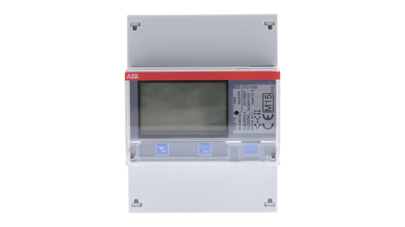 Medidor de energía ABB serie B23, display LCD, con 7 dígitos, precisión 1%, 3 fases, dim. 70mm x 26.5mm