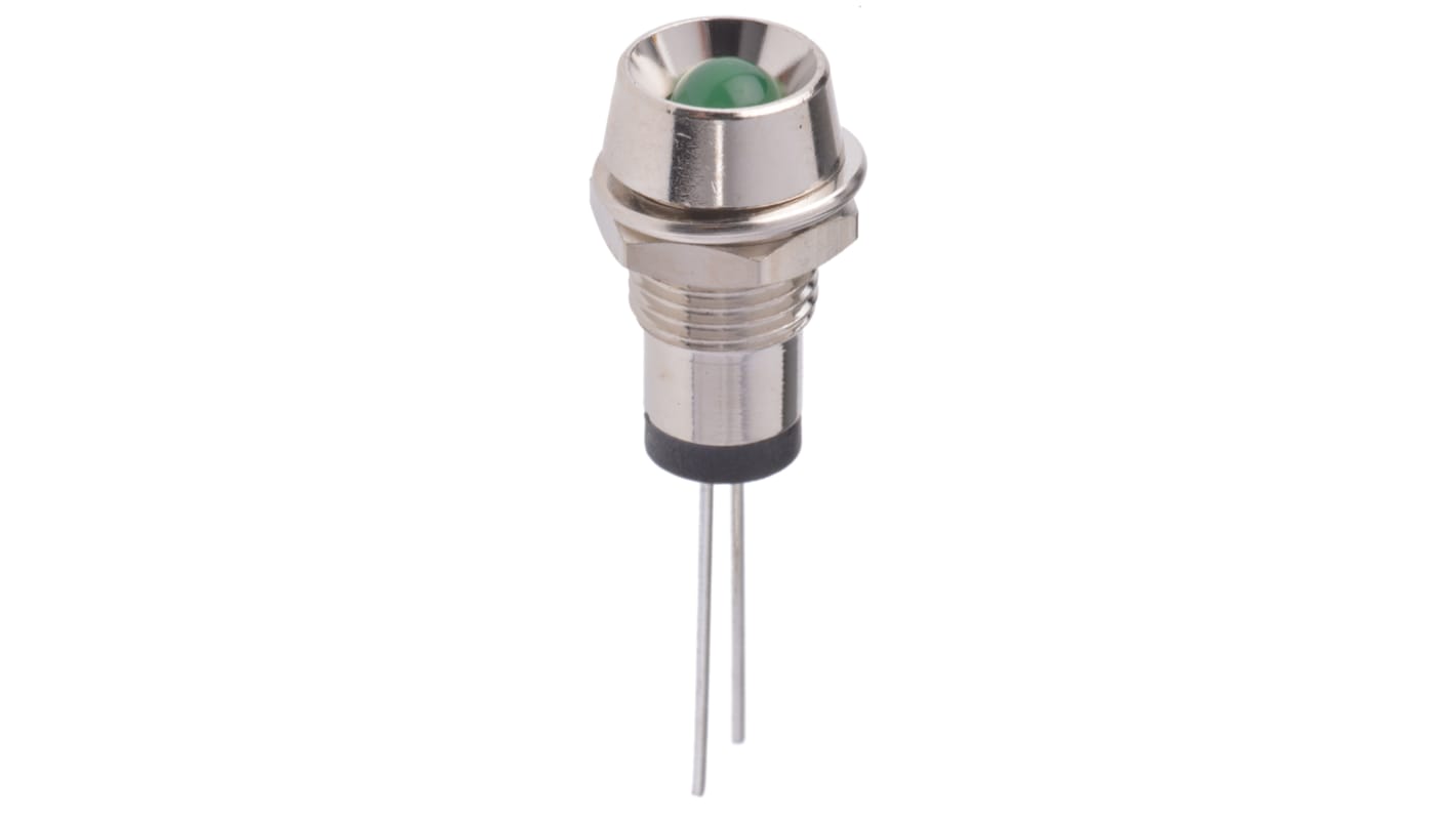 Indicador LED Marl, Verde, lente rebajada, marco Cromo, Ø montaje 8mm, 2.8V, 30mA, 25mcd