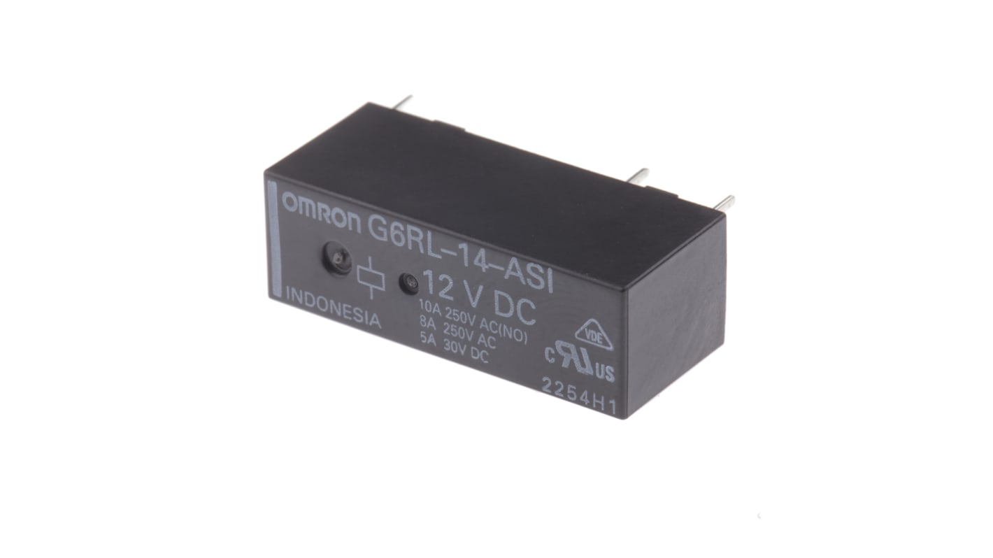 Relé de potencia sin enclavamiento Omron G6RL de 1 polo, SPDT, bobina 12V dc, 10A, Montaje en PCB