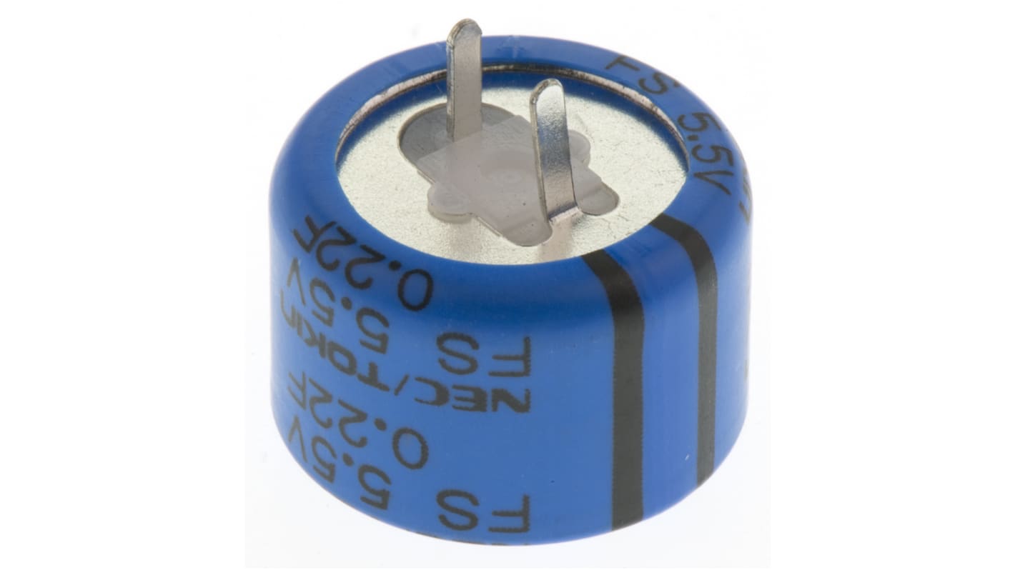 Supercondensateur, 0.22F, 5.5V c.c., Traversant, 16.5 (Dia.) x 13mm, pas de 5.08mm, -25 °C → +75 °C.