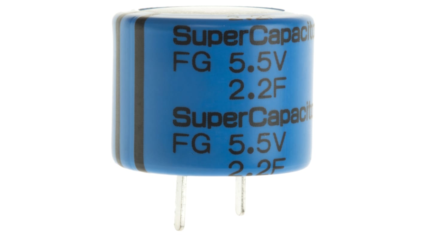 Supercondensateur, 2.2F, 5.5V c.c., Traversant, 21.5 (Dia.) x 19mm, pas de 7.62mm, -25 °C → +70 °C.