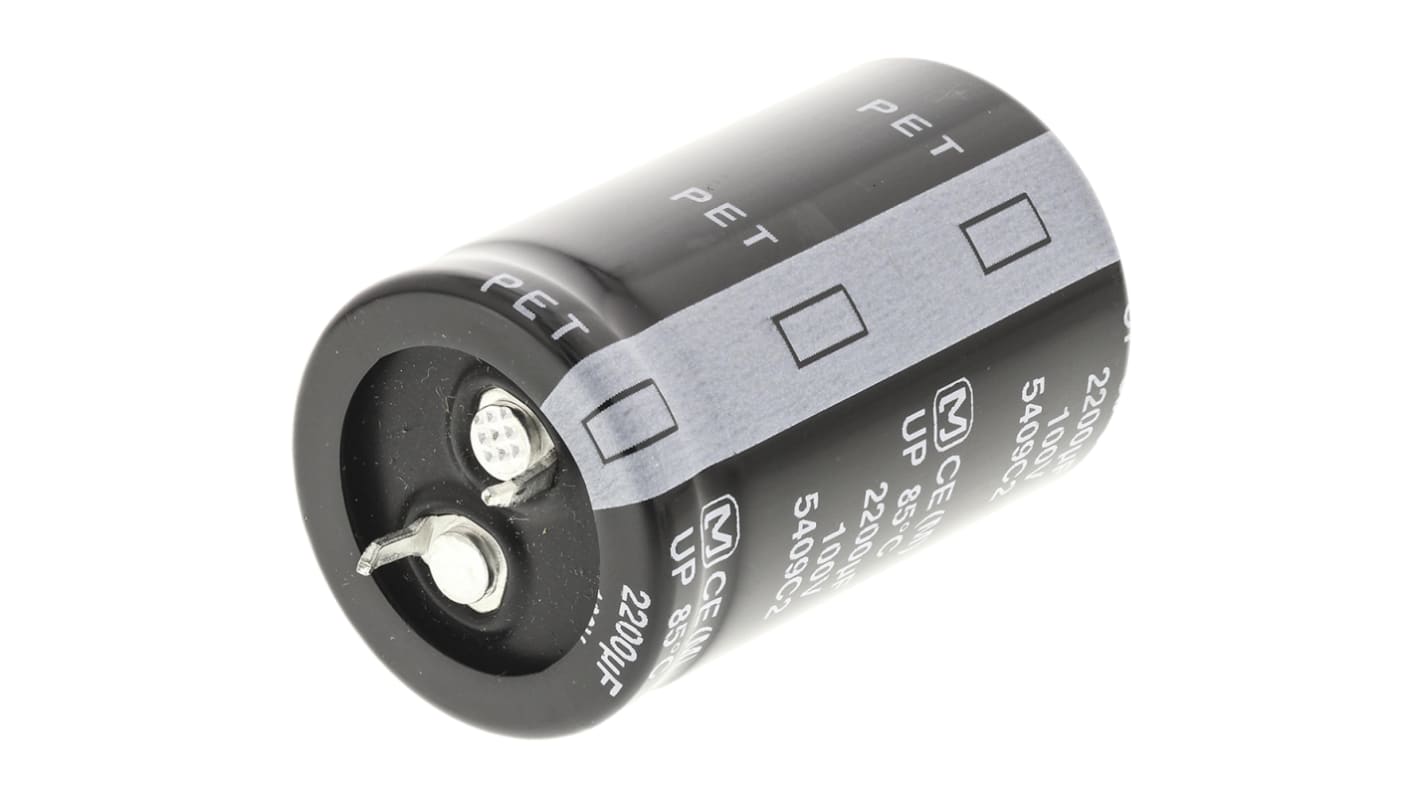 Condensador electrolítico Panasonic serie UP type TS, 2200μF, ±20%, 100V dc, mont. pasante, 25 (Dia.) x 40mm, paso 10mm