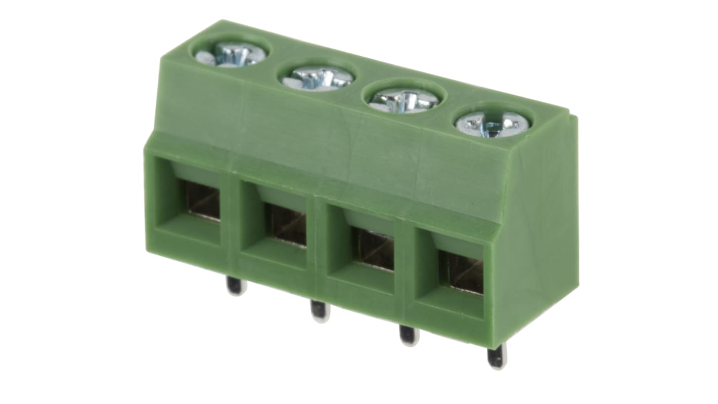 Borne para PCB Hembra RS PRO de 4 vías , paso 5.08mm, 16A, de color Verde, montaje Montaje en orificio pasante,