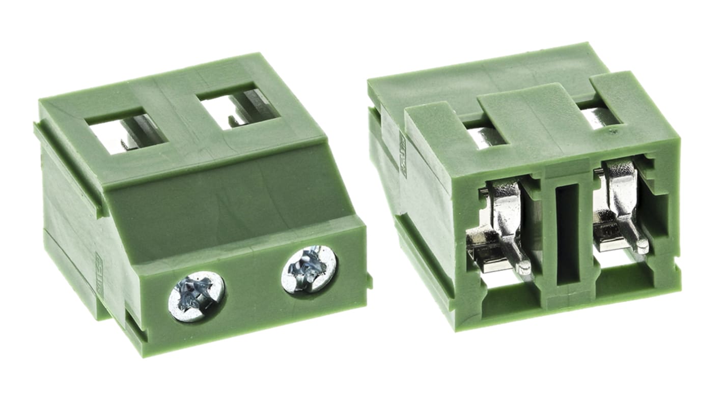 Borne para PCB Hembra RS PRO de 2 vías , paso 7.62mm, 25A, de color Verde, montaje Montaje en orificio pasante,