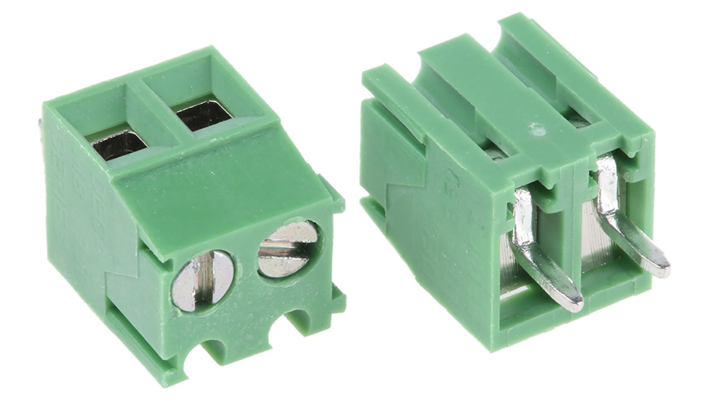 Borne para PCB Hembra RS PRO de 2 vías , paso 3.5mm, 10A, de color Verde, montaje Montaje en orificio pasante,
