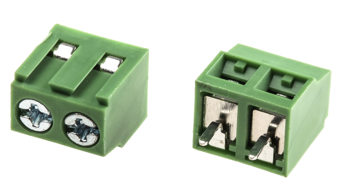 Borne para PCB Hembra RS PRO de 2 vías , paso 5mm, 16A, de color Verde, montaje Montaje en orificio pasante,