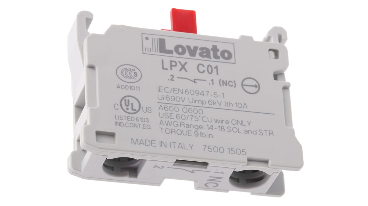 Elemento de conmutación de botón pulsador Lovato LPXC01, 1 NC, 690V, terminal Roscado