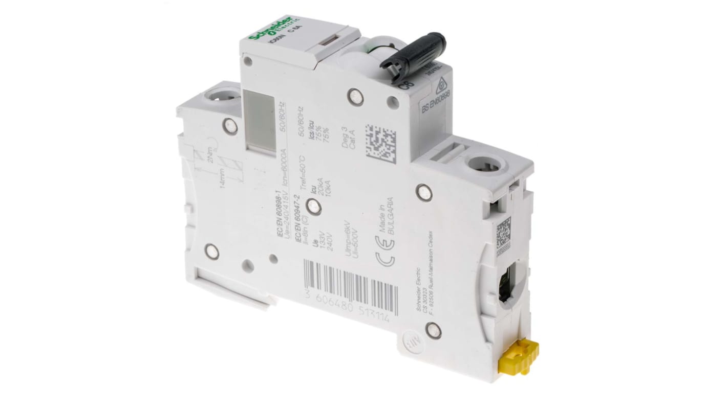 Schneider Electric Acti 9 iC60N MCB, 1P, 6A Curve C, 100 → 133V AC, 12 → 48V DC, 6 kA Breaking Capacity