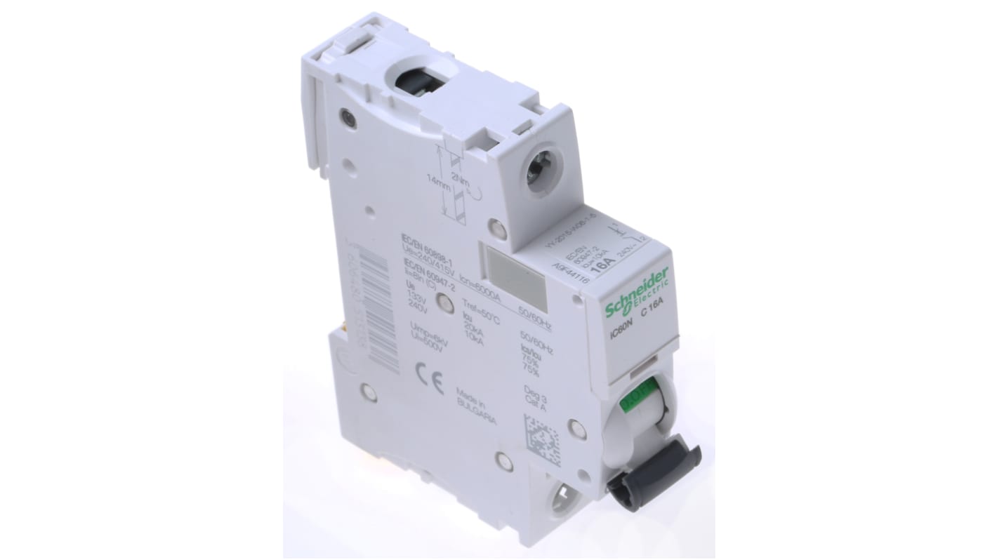 Schneider Electric Acti 9 iC60N MCB, 1P, 16A Curve C, 100 → 133V AC, 12 → 48V DC, 6 kA Breaking Capacity