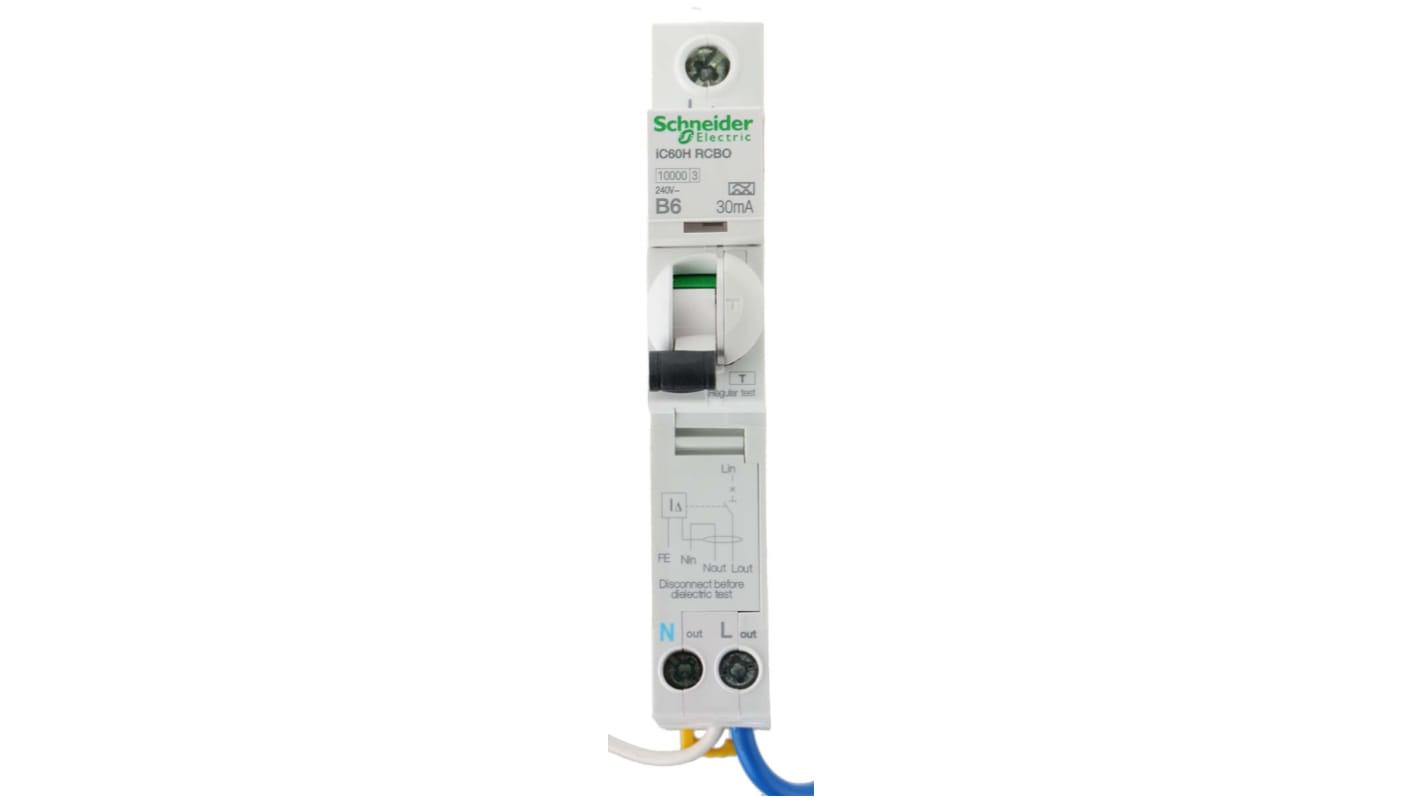 Schneider Electric RCBO, 6A Current Rating, 1P+N Poles, 30mA Trip Sensitivity, Type B, Acti 9 Range