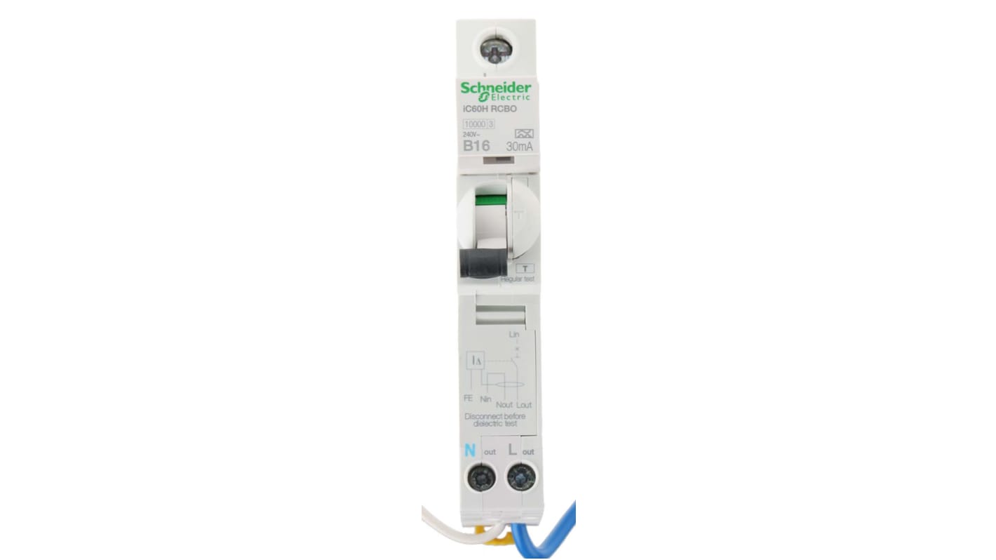 Schneider Electric RCBO, 16A Current Rating, 1P+N Poles, 30mA Trip Sensitivity, Type A, Acti 9 Range