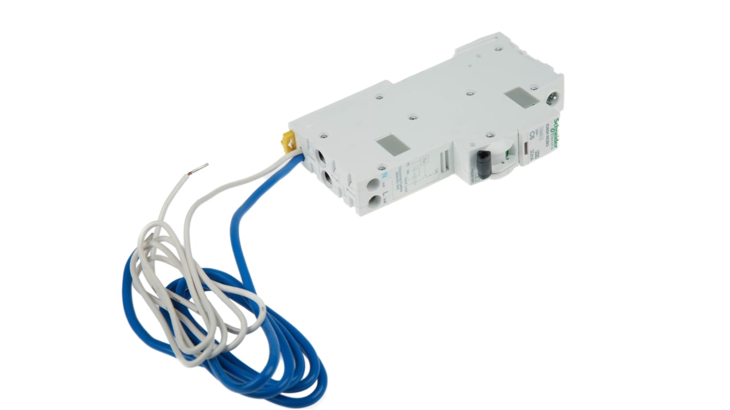 Schneider Electric RCBO, 6A Current Rating, 1P+N Poles, 30mA Trip  Sensitivity, Type C, Acti 9 Range