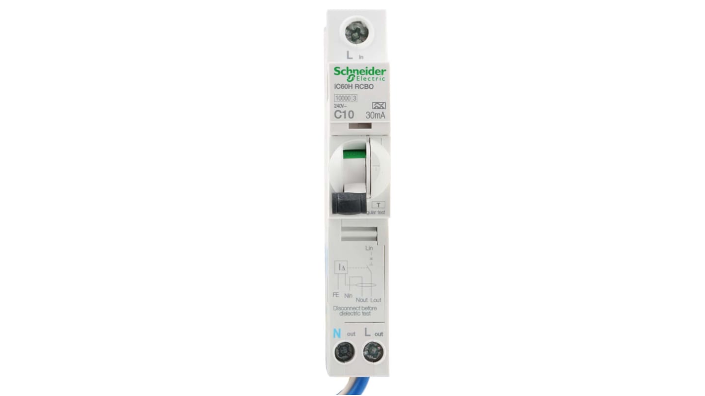 Schneider Electric RCBO, 10A Current Rating, 1P+N Poles, 30mA Trip Sensitivity, Acti 9 Range