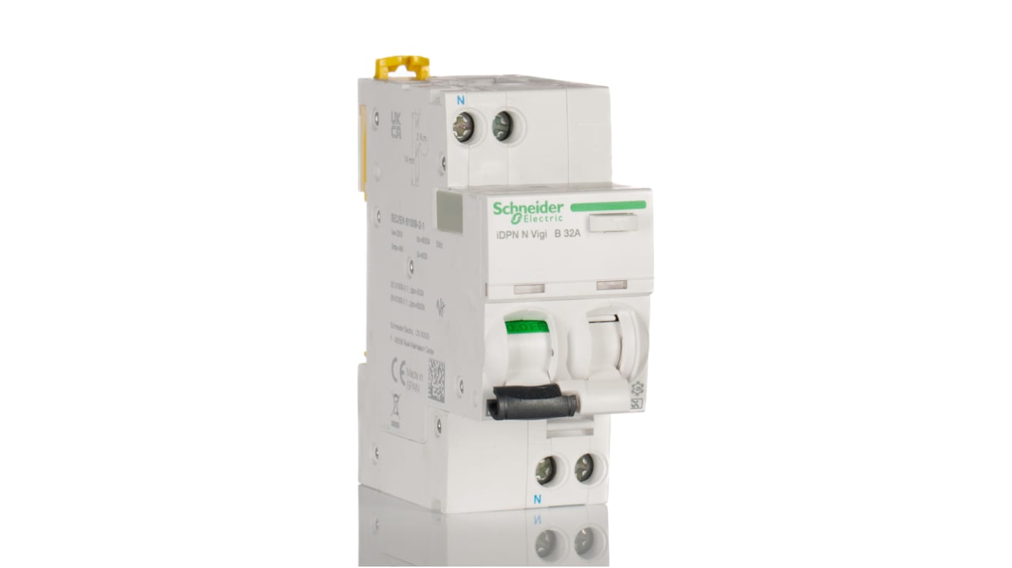 Schneider Electric RCBO, 32A Current Rating, 1P+N Poles, 30mA Trip Sensitivity, Type B, Acti 9 Range