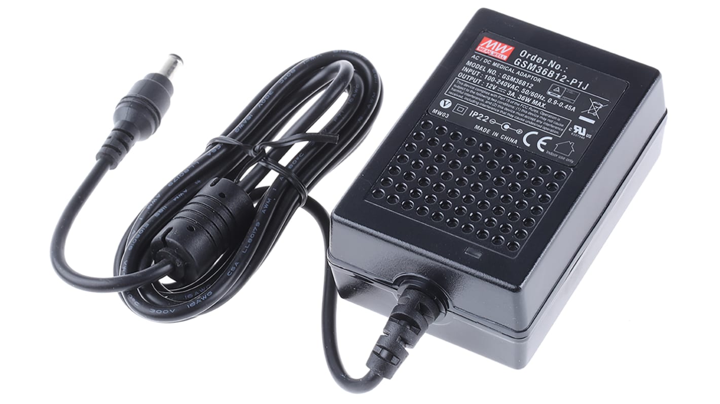 MEAN WELL Power Brick AC/DC Adapter 12V dc Output, 3A Output