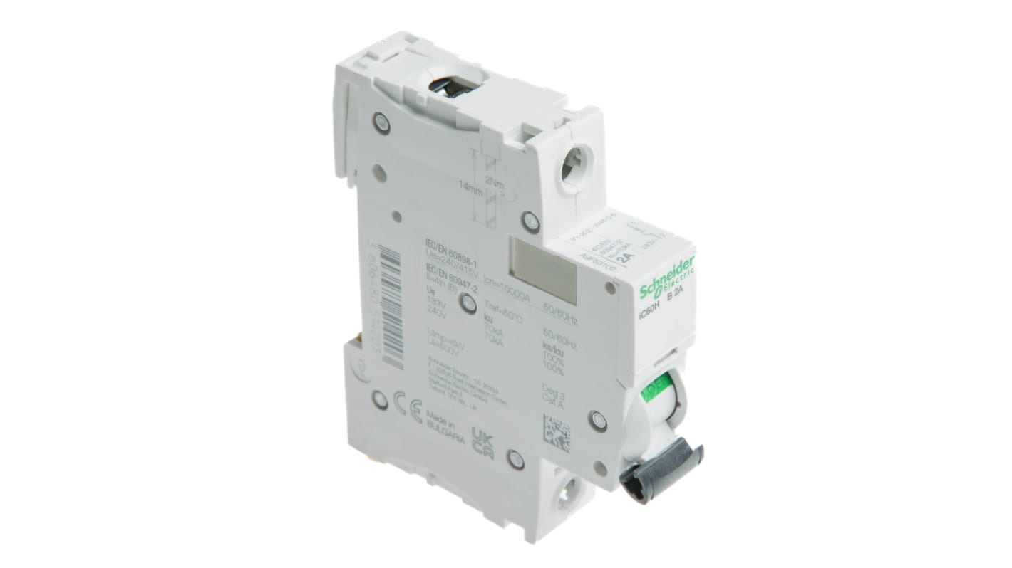 Schneider Electric Acti 9 iC60H MCB, 1P, 2A Curve B, 100 → 133V AC, 72V DC, 10 kA Breaking Capacity