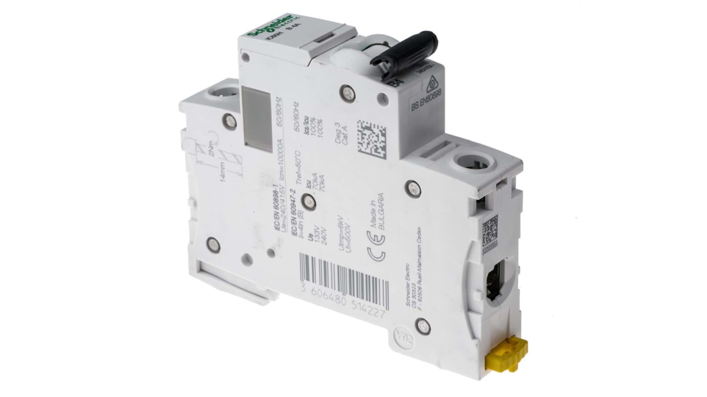 Schneider Electric Acti 9 iC60H MCB, 1P, 4A Curve B, 100 → 133V AC, 72V DC, 10 kA Breaking Capacity