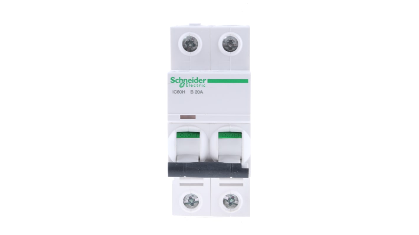 Schneider Electric Acti 9 iC60H MCB, 2P, 20A Curve B, 440V AC, 100 → 133V DC, 10 kA Breaking Capacity