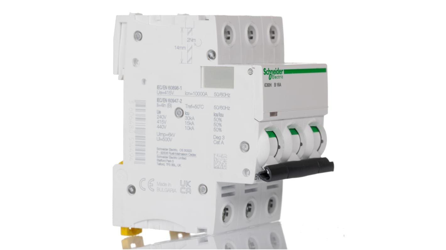 Schneider Electric Acti 9 iC60H MCB, 3P, 16A Curve B, 440V AC, 100 → 133V DC, 10 kA Breaking Capacity