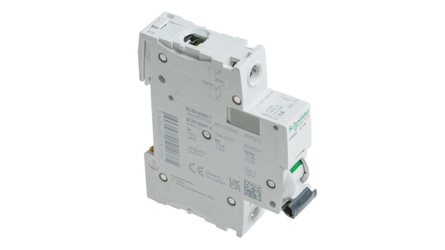 Schneider Electric Acti 9 iC60H MCB, 1P, 1A Curve C, 100 → 133V AC, 72V DC, 10 kA Breaking Capacity