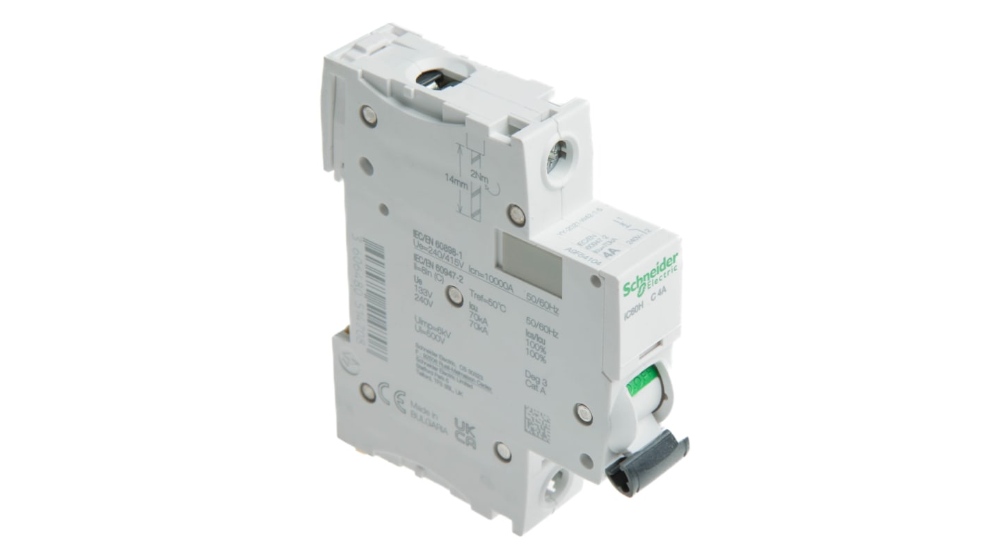 Schneider Electric Acti 9 iC60H MCB, 1P, 4A Curve C, 100 → 133V AC, 72V DC, 70 kA Breaking Capacity