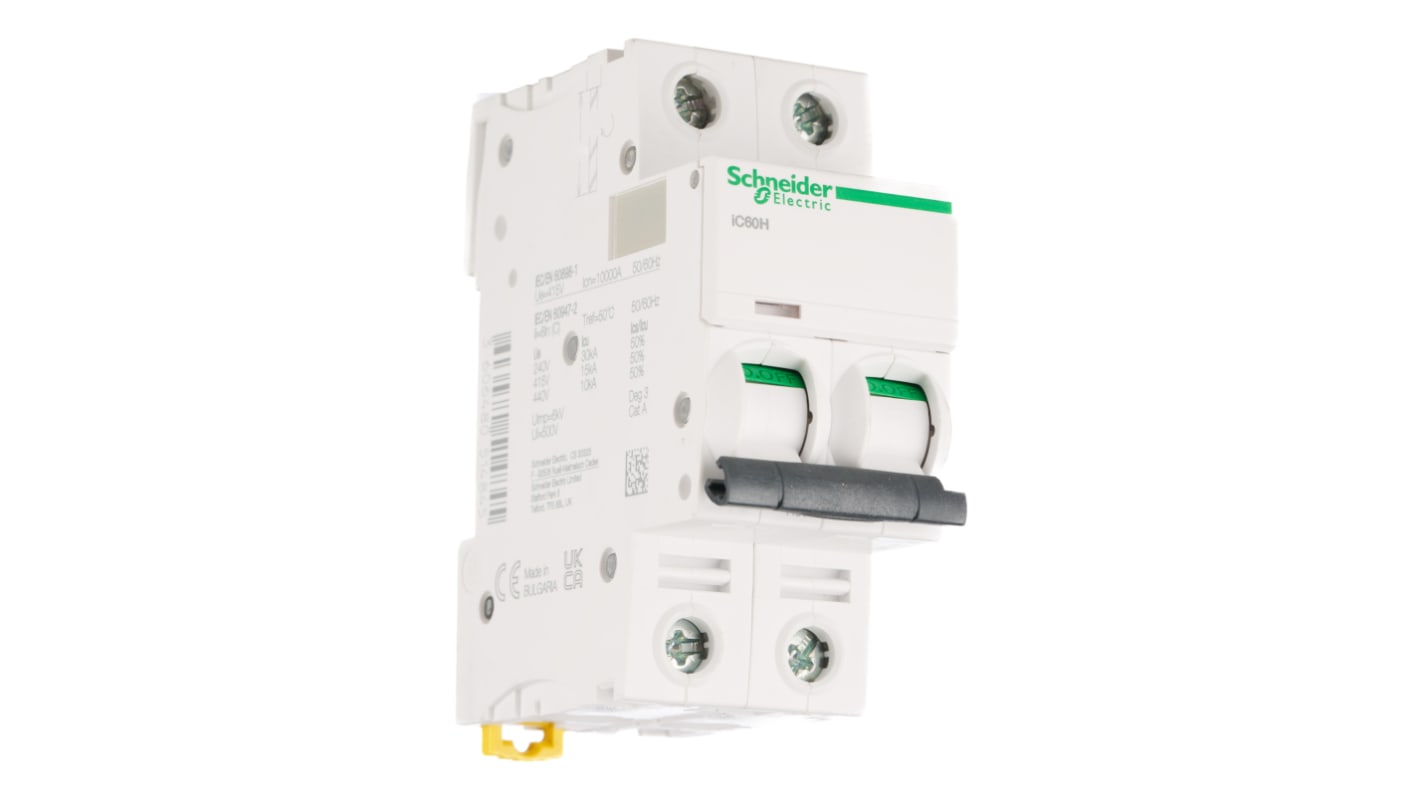 Schneider Electric Acti 9 iC60H MCB, 2P, 2A Curve C, 440V AC, 100 → 133V DC, 10 kA Breaking Capacity