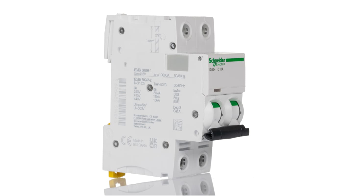 Schneider Electric Acti 9 iC60H MCB, 2P, 10A Curve C, 440V AC, 100 → 133V DC, 10 kA Breaking Capacity