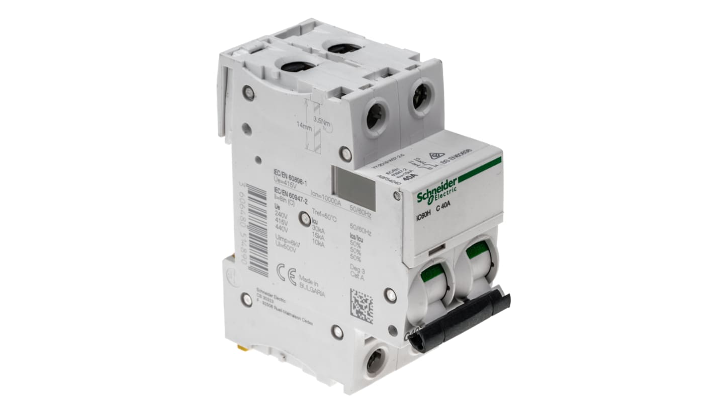 Schneider Electric Acti 9 iC60H MCB, 2P, 40A Curve C, 440V AC, 100 → 133V DC, 10 kA Breaking Capacity