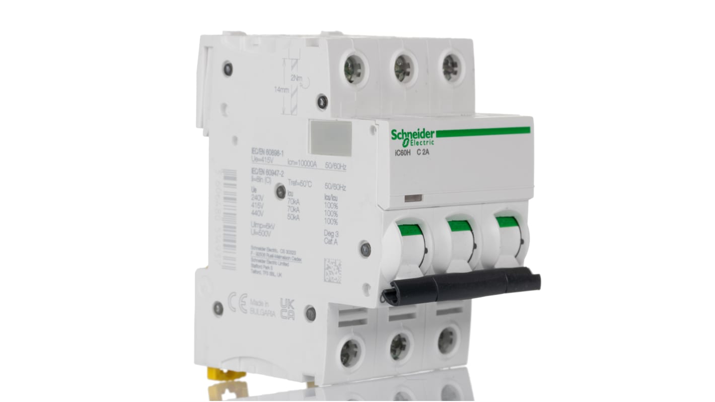 Schneider Electric Acti 9 iC60H MCB, 3P, 2A Curve C, 440V AC, 100 → 133V DC, 10 kA Breaking Capacity