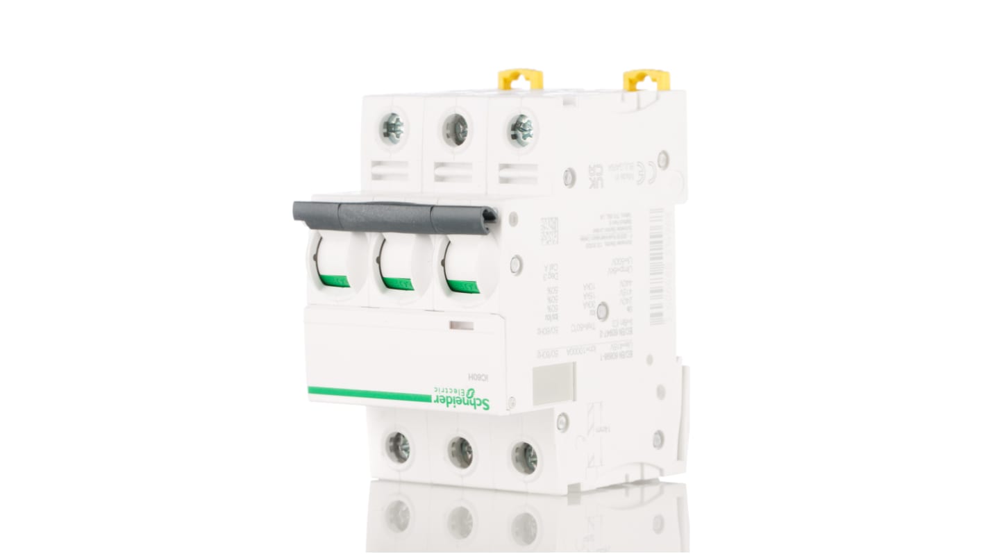 Schneider Electric Acti 9 iC60H MCB, 3P, 6A Curve C, 440V AC, 100 → 133V DC, 10 kA Breaking Capacity