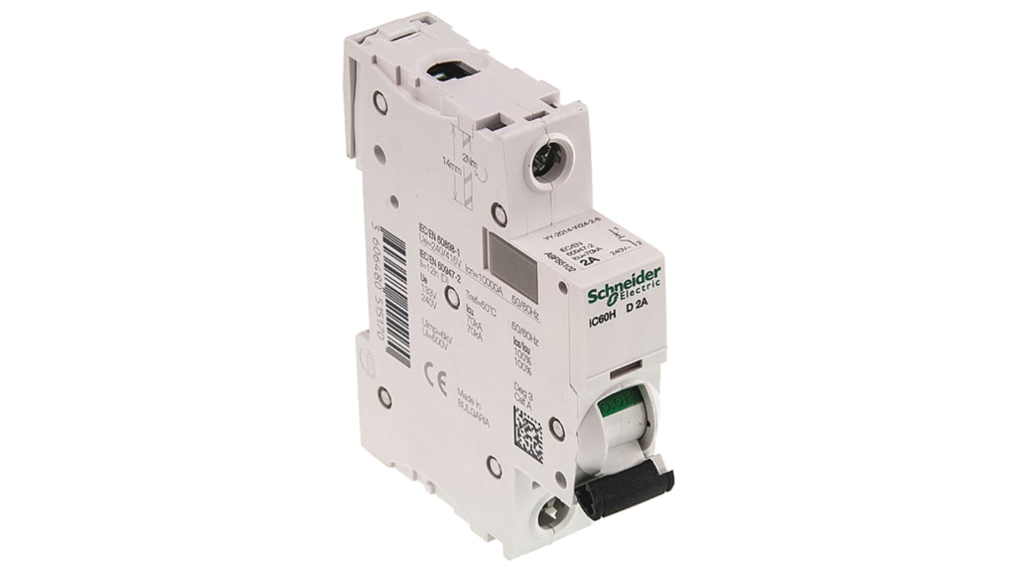 Schneider Electric Acti 9 iC60H MCB, 1P, 2A Curve D, 100 → 133V AC, 72V DC, 10 kA Breaking Capacity