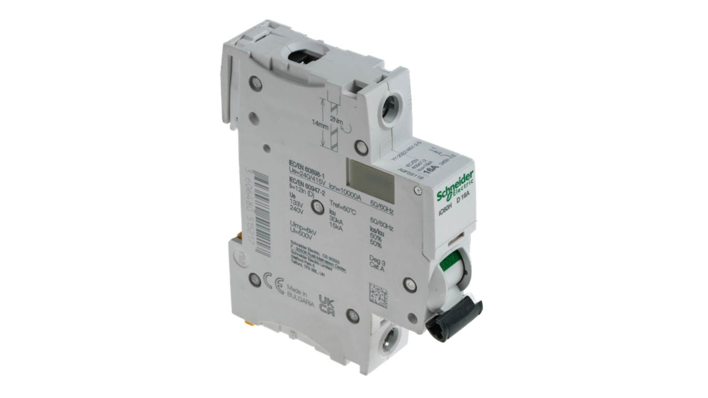 Schneider Electric Acti 9 iC60H MCB, 1P, 16A Curve D, 100 → 133V AC, 72V DC, 10 kA Breaking Capacity