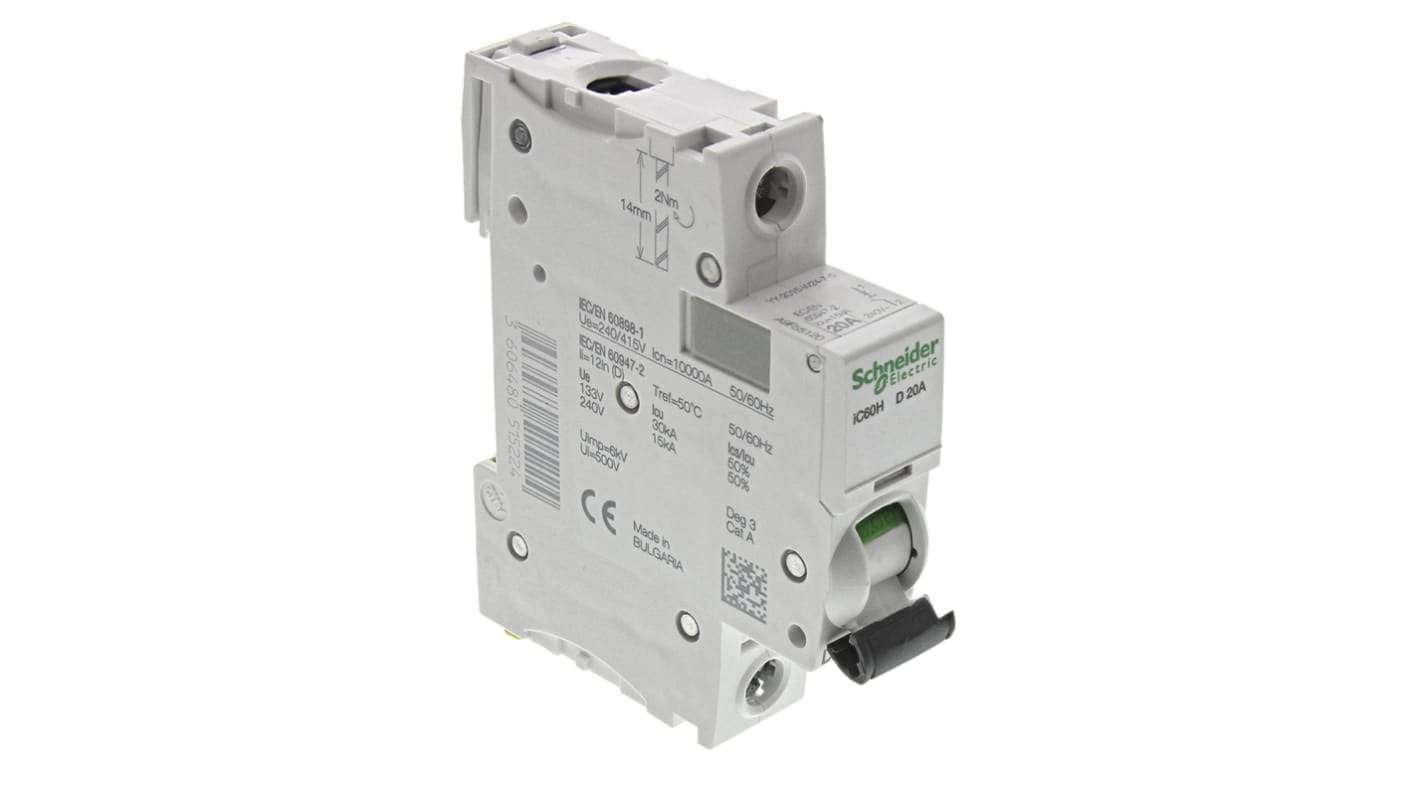 Schneider Electric Acti 9 iC60H MCB, 1P, 20A Curve D, 100 → 133V AC, 72V DC, 10 kA Breaking Capacity