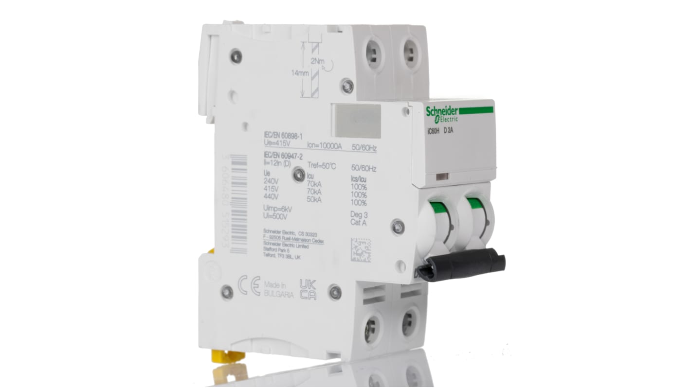 Schneider Electric Acti 9 iC60H MCB, 2P, 2A Curve D, 440V AC, 100 → 133V DC, 10 kA Breaking Capacity