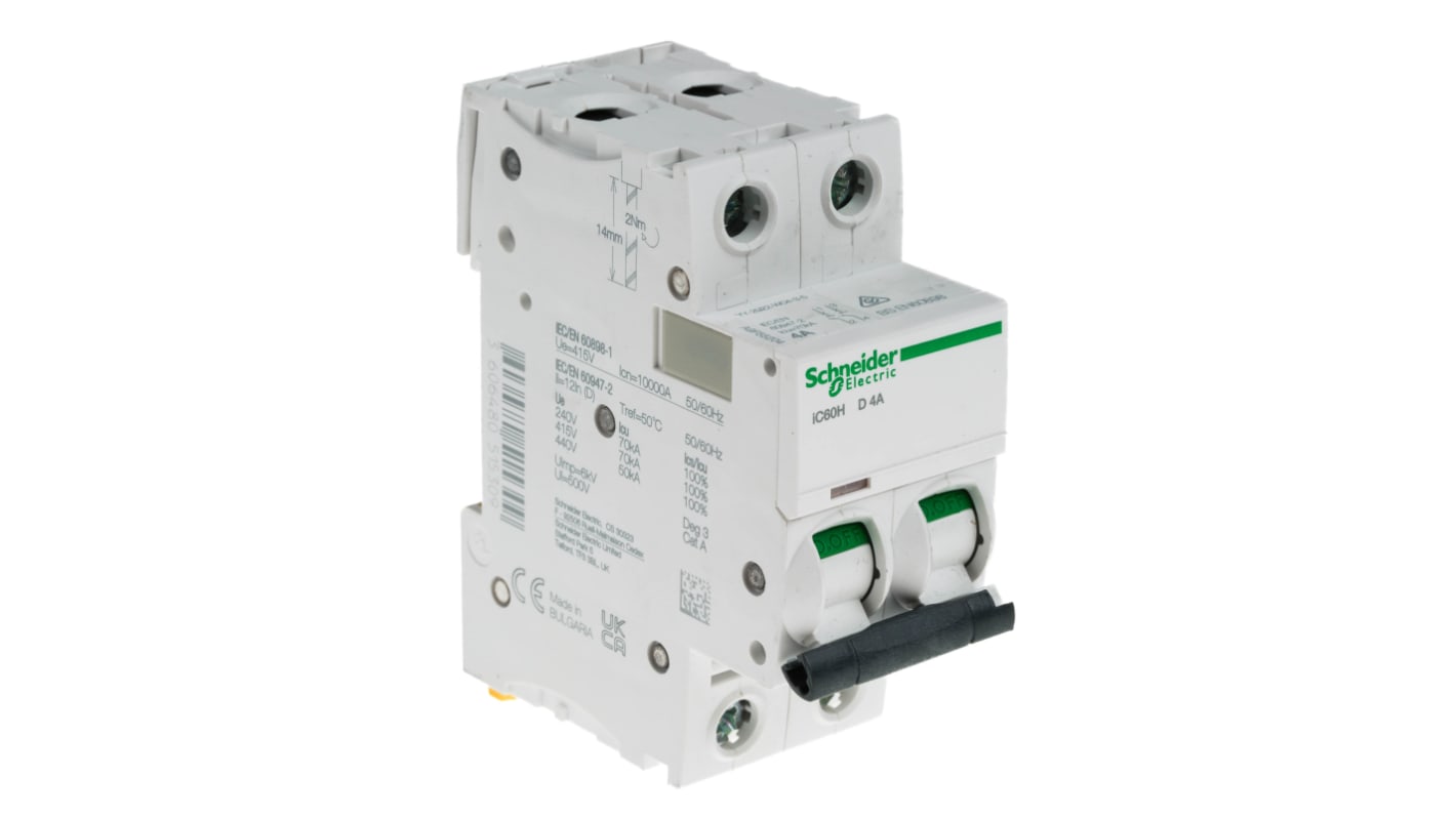 Schneider Electric Acti 9 iC60H MCB, 2P, 4A Curve D, 440V AC, 100 → 133V DC, 10 kA Breaking Capacity