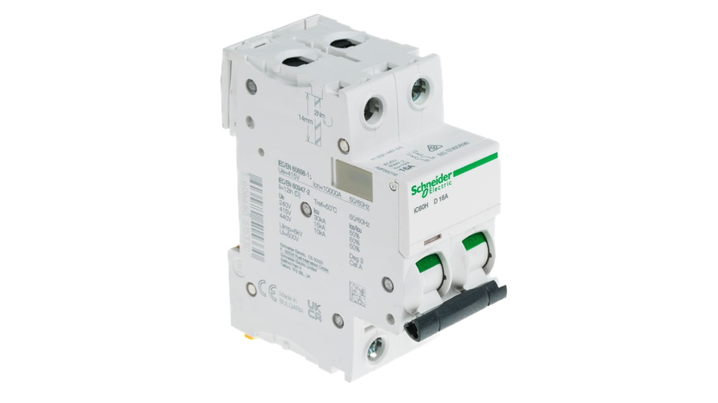 Schneider Electric Acti 9 iC60H MCB, 2P, 16A Curve D, 440V AC, 100 → 133V DC, 10 kA Breaking Capacity