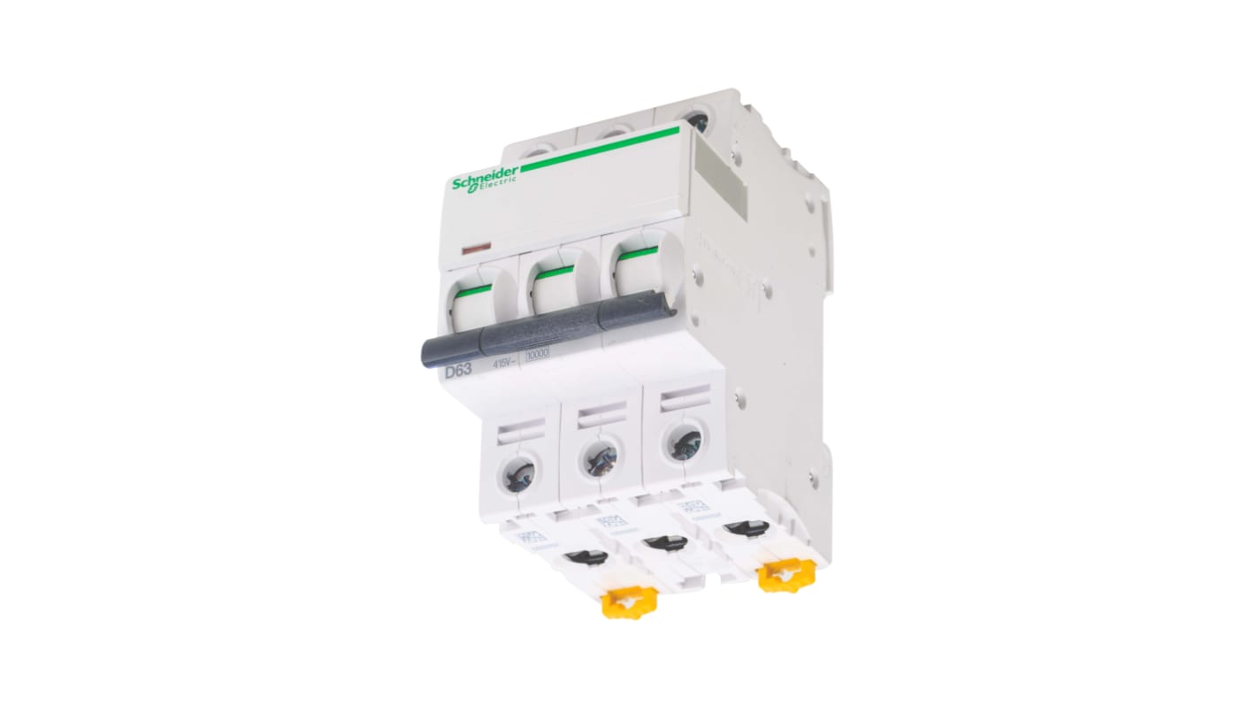 Schneider Electric Acti 9 iC60H MCB, 3P, 63A Curve D, 440V AC, 100 → 133V DC, 10 kA Breaking Capacity