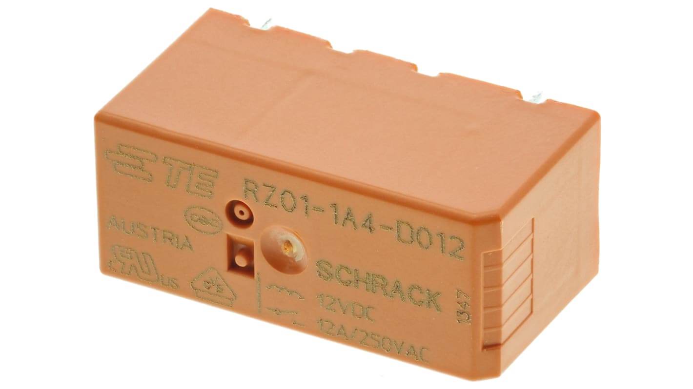 TE Connectivity PCB Mount Power Relay, 12V dc Coil, 12A Switching Current, SPST