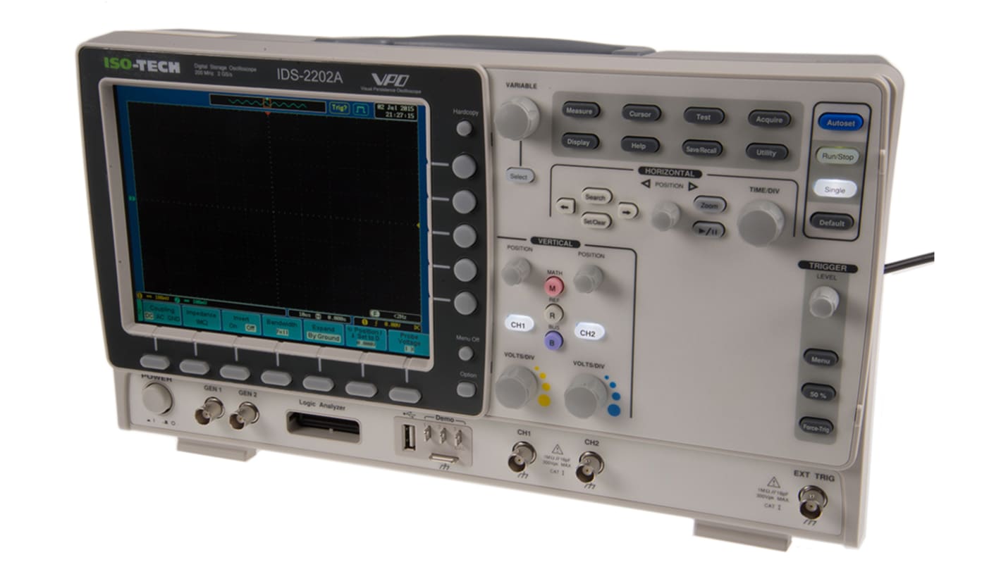 Osciloscopio Almacenamiento digital ISO-TECH IDS-2202A, 200MHZ, pantalla de 8plg, interfaz CAN, IIC, LIN, RS232, SPI,