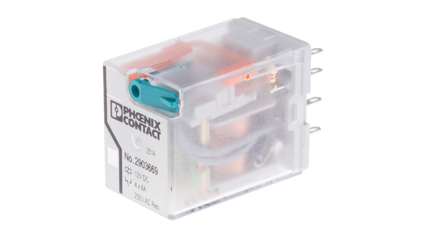 Relé de potencia sin enclavamiento Phoenix Contact REL-IR4/LDP- 12DC/4X21AU de 4 polos, 4PDT, bobina 12V dc, 6A,