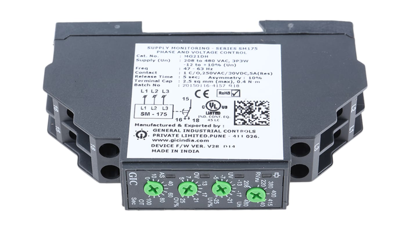 GIC Voltage Monitoring Relay, 3 Phase, SPDT, 208 → 480V ac, DIN Rail