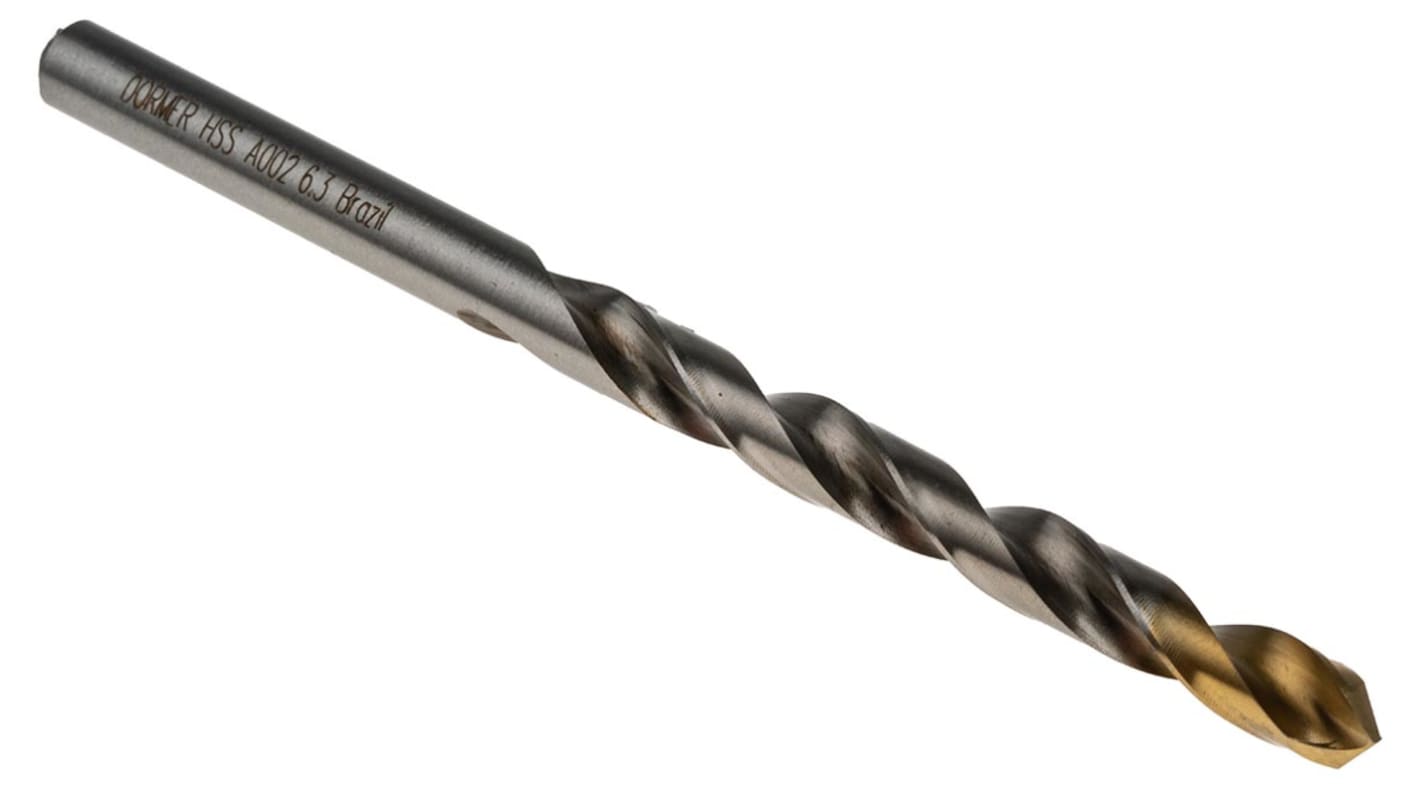 Dormer A002 Series HSS-TiN Twist Drill Bit for Steel, 6.3mm Diameter, 101 mm Overall