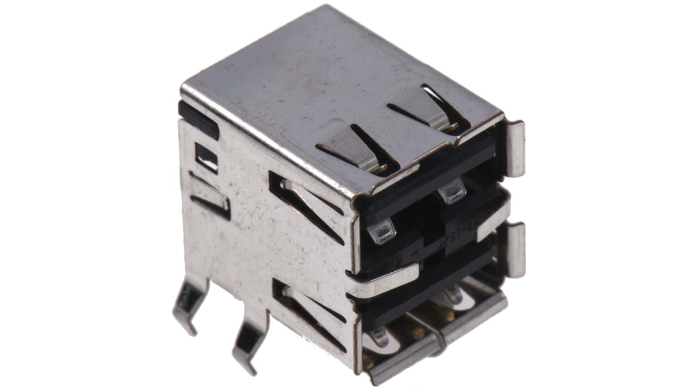 Conector USB TE Connectivity 5787745-1, Hembra, 2 puertos, Ángulo de 90° , Montaje PCB, orificio pasante, Versión 2.0,