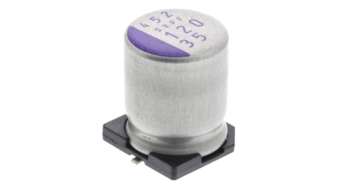 Condensador de polímero Panasonic SVPF, 120μF ±20%, 35V dc, Montaje en Superficie, paso 4.6mm, dim. 10 (Dia) x 12.6mm