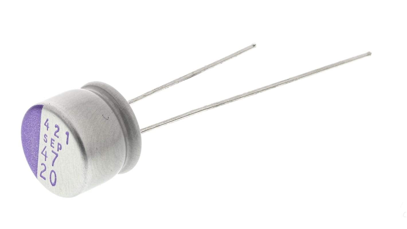 Condensador de polímero Panasonic SEP, 47μF ±20%, 20V dc, Montaje en orificio pasante, paso 3.5mm, dim. 8 (Dia) x 7mm