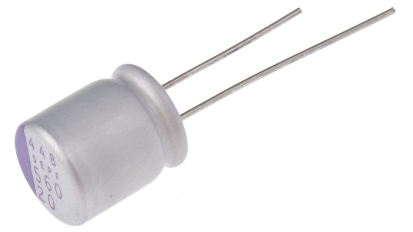 Condensador de polímero Panasonic SEPF, 560μF ±20%, 20V dc, Montaje en orificio pasante, paso 5mm, dim. 10 (Dia) x 13mm