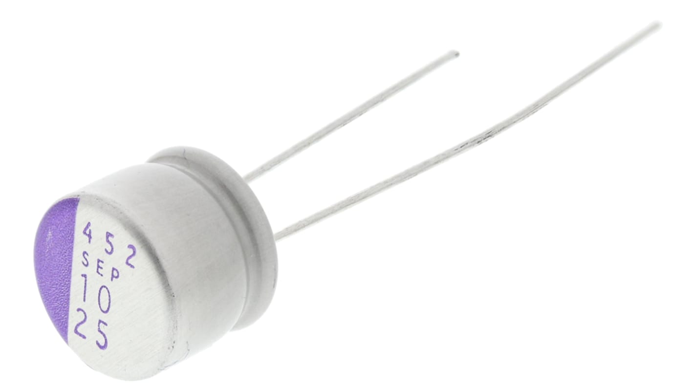 Panasonic SEP, THT Polymerkondensator 10μF ±20% / 25V dc, Ø 8mm, -55°C → +105°C