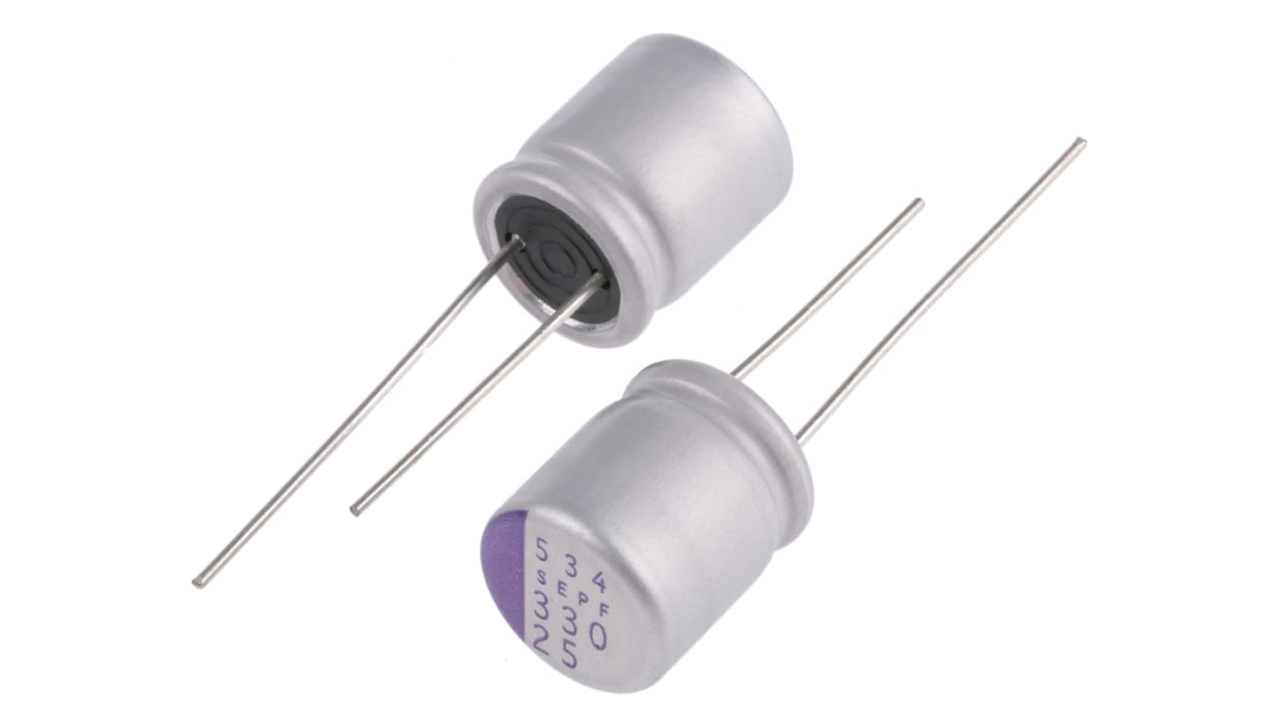 Panasonic 330μF Through Hole Polymer Capacitor, 25V dc